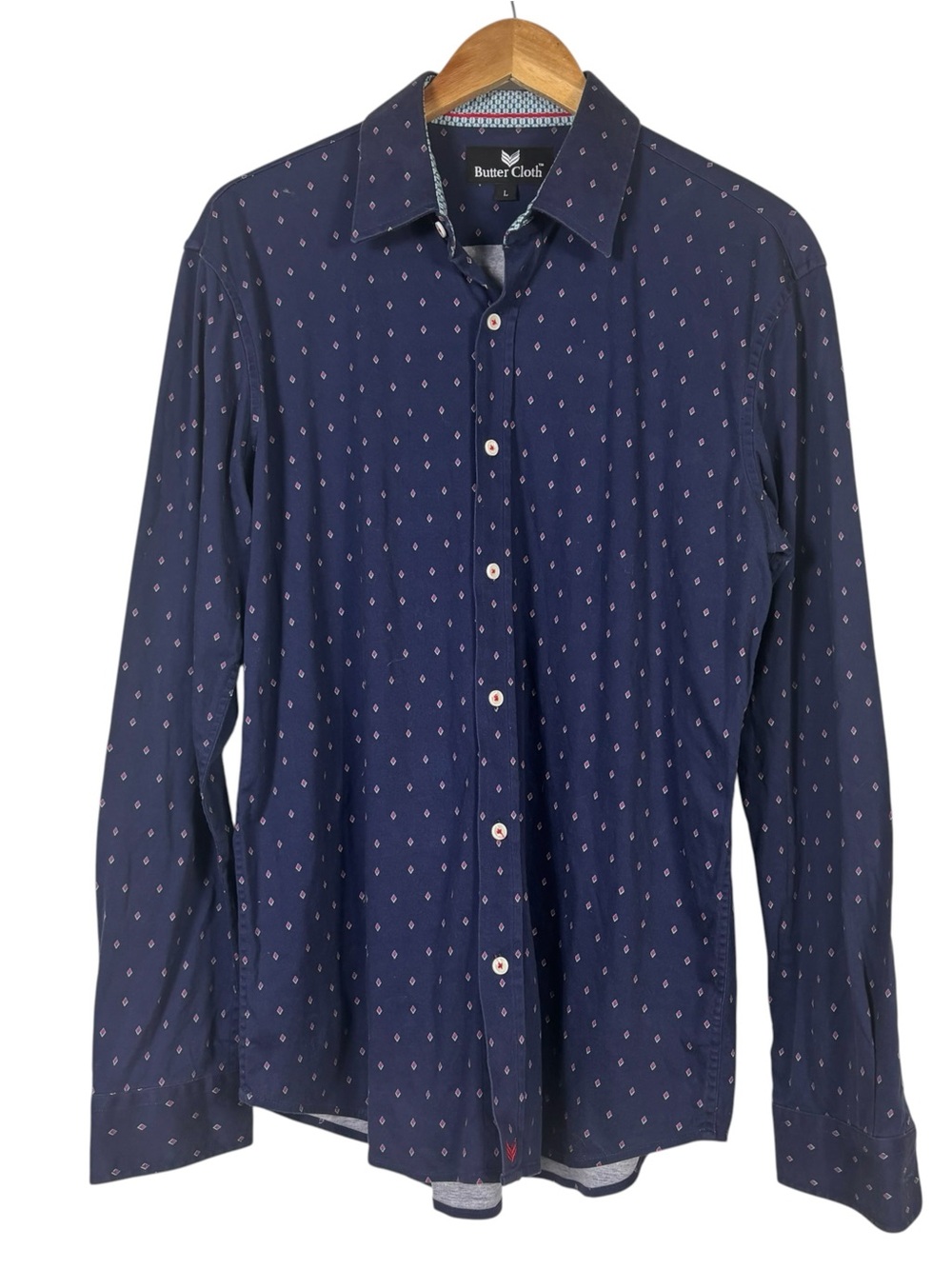 Buttercloth Button Down Slim Shirt Navy Blue Geometric Flip Cuff Stretch Men's L